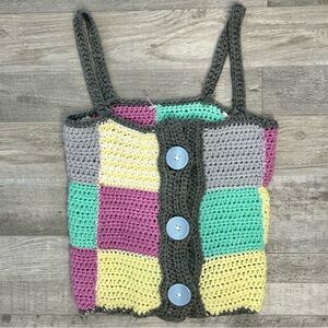 Handmade Crochet Patchwork Button Front Tank Top Fits XS/Small Festival E2